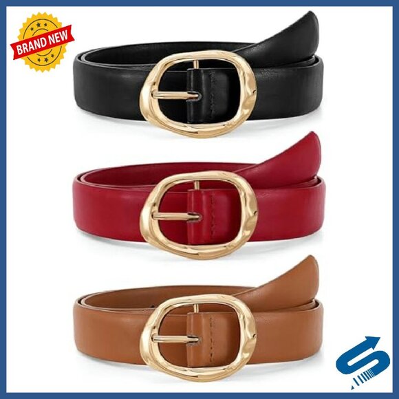 Women\'s 3-Pack Faux Leather Belts with Gold Buckle, Adjustable 26-46\
